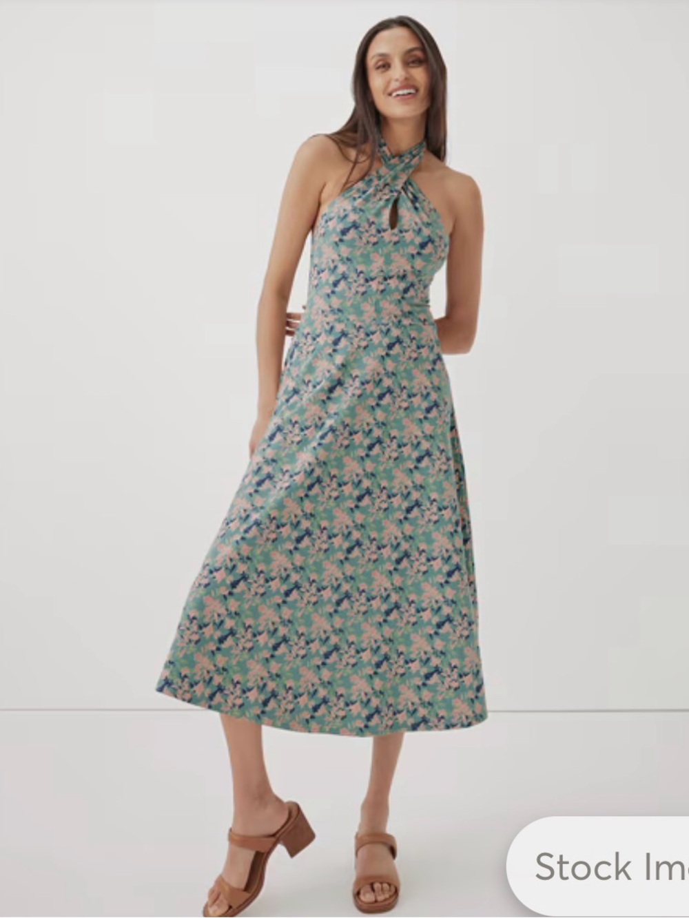 Pact Teal Floral Halter Midi Dress with Pink Accents